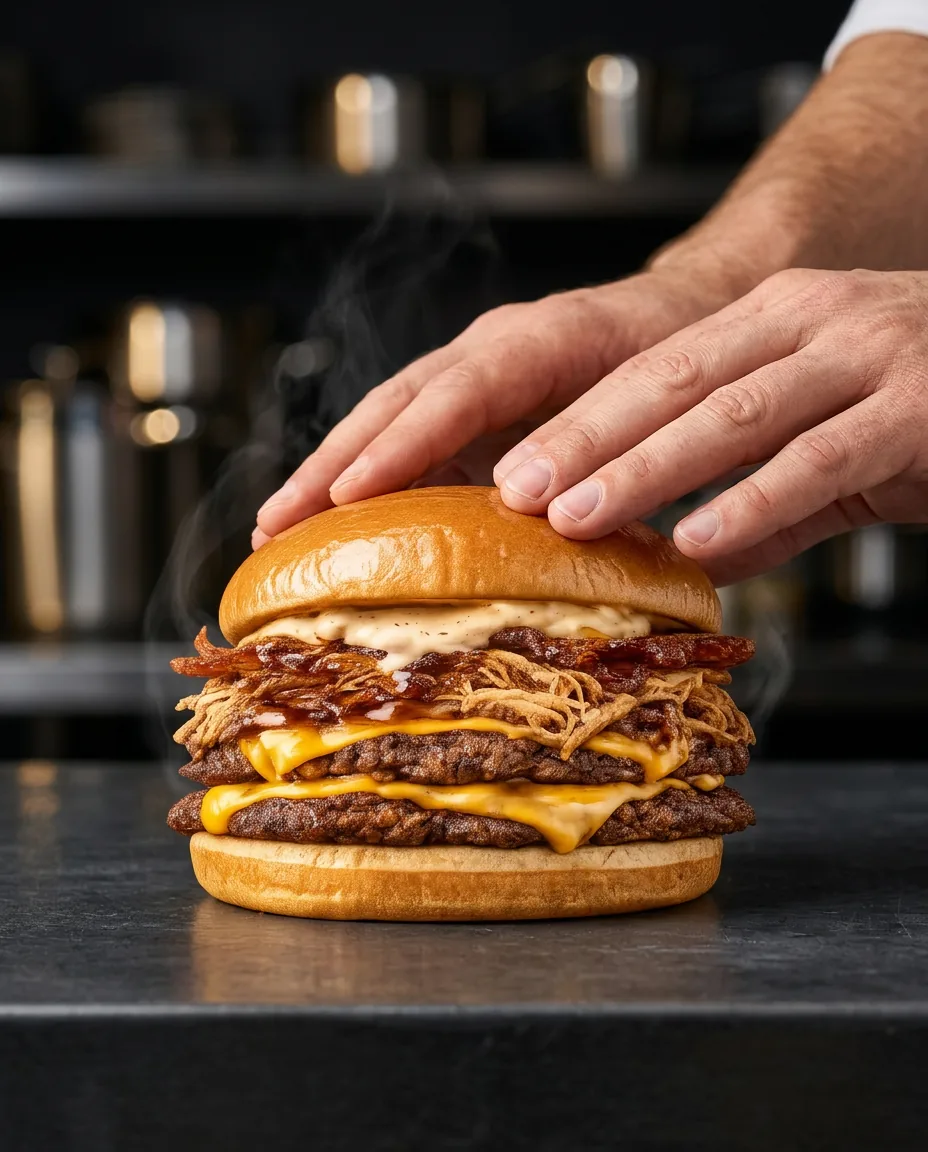 Panino pulled pork Mr Crunch appena preparato, hamburger gourmet a Marina di Carrara